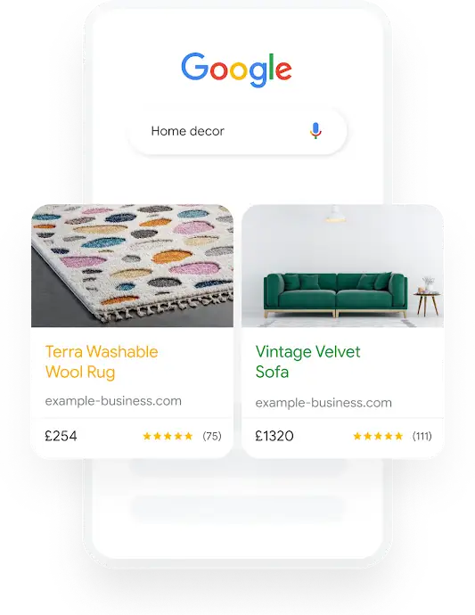 Illustration of a phone showing a Google search query for Home Decor that results in two relevant Shopping Ads.