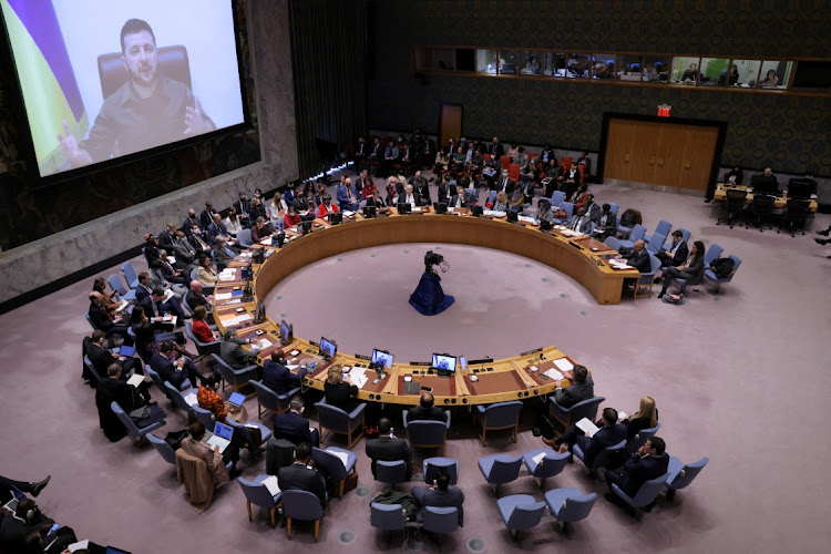 Ukrainian President Volodymyr Zelensky addresses the UN Security Council via video link, in New York, the US, April 5 2022. Picture: ANDREW KELLY/REUTERS