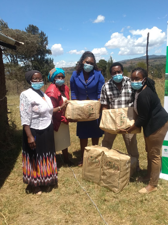 Lucy Wairimu, the secretary Ushirikiano Women Group in Kiambogo-Gituamba in Nakuru county and other members of the group receive bean seeds from Dr David Karanja, the National Coordinator Green Legumes at the Kenya Agricultural and Livestock Organisation.