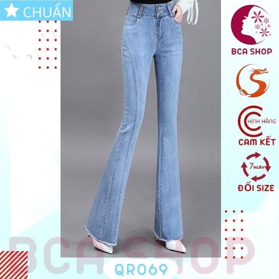 Quần Jean Nữ Ống Loe Qro69 Rosata Tại Bcashop Dáng Dài, Lưng Cao 2 Nút, Phom Chuẩn, Chất Liệu Jean Cao Cấp - Màu Xanh