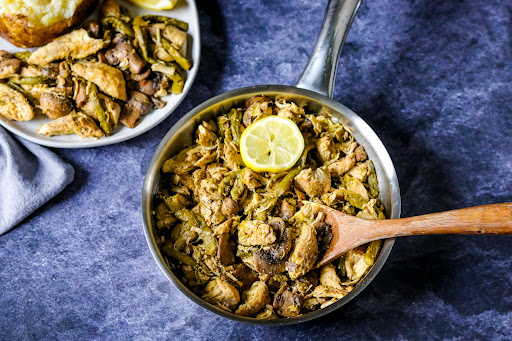 Asparagus & Mushroom Chicken in a skillet to serve.