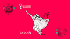 La'eeb  the Qatar World Cup 2022 mascot happily running with soccer ball