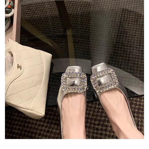 Title 5, Rhinestone Square Toe Low-cut Silver Flat Botto...