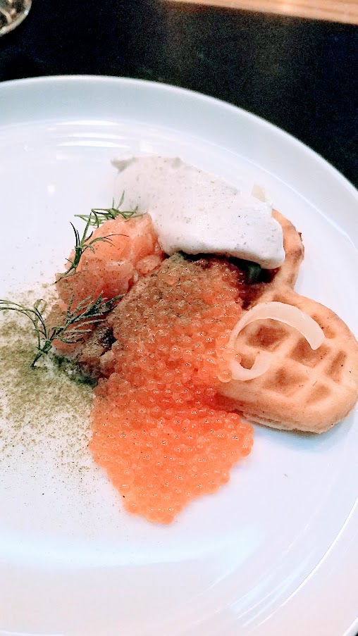 Fimbul PDX Konudagur Dinner course of dung-smoked trout, waffle, leak ash