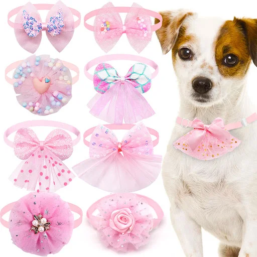 10pcs Pet Dog Bow Collar Adjustable Dog Cat Bows Collar Lace Bling Necktie for Small Dog Accessories Puppy Grooming Supp