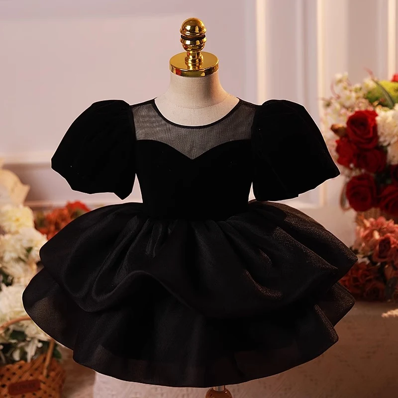 Dečija crna haljina za devojčice, francuski stil sa puf rukavima, letnja princeza haljina, udobna i elegantna, idealna za tople dane