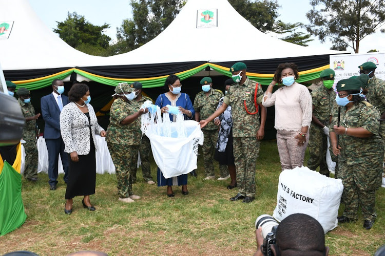 Public Service CS Margaret Kobia (in blue) during an event at NYS headquarters on Friday, May 29, 2020