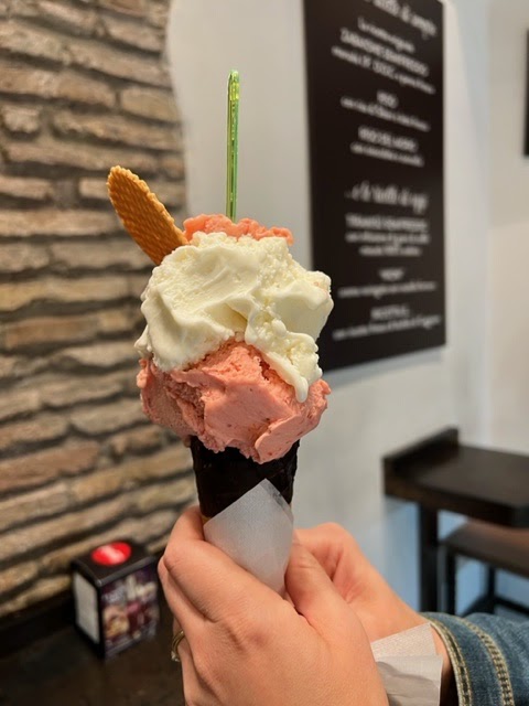 Strawberry and fiore di latte gelati in a chocolate-dipped gf cone