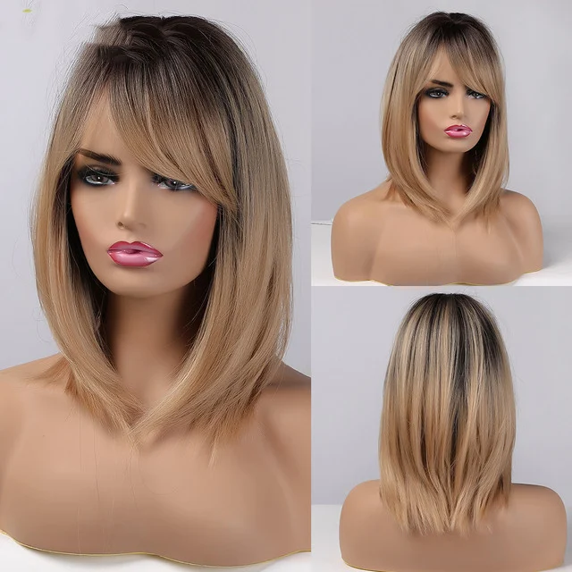 Modne Blond Pasemka Gradient i Stylowe Grzywki Osiągnij oszałamiający wygląd, który podkreśli Twoją naturalną urodę dzięki tej efektownej fryzurze