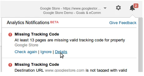 Missing tracking code notification - Analytics Help