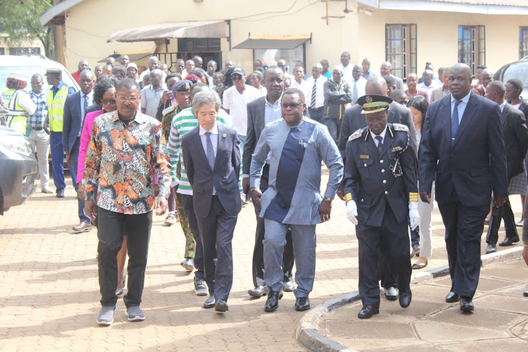 National Assembly Speaker Moses Wetang'ula, Japan Ambassador to Kenya Ken Okaniwa and Bungoma Governor Kenneth Lusaka at Bungoma county headquarters on November,27,2023.