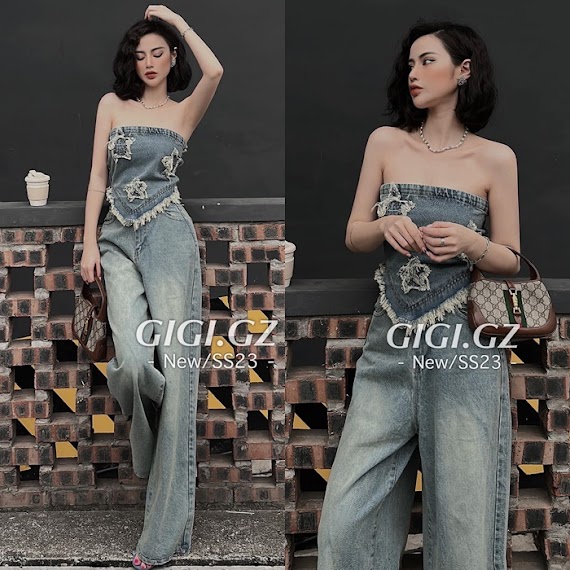 Set Áo Ống Croptop Jeans Denim Rách Tua Rua + Quần Ống Rộng 2 Nút Dài Lưng Cao Đi Chơi Đi Tiệc Dạo Phố Đi Biển