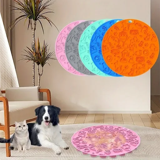 Silicone Round Pet Slow Feeder Mat Dog Licking Pad With Suction Cups Pet Placemat For Cat Anxiety Relief Pet Feeding Sup