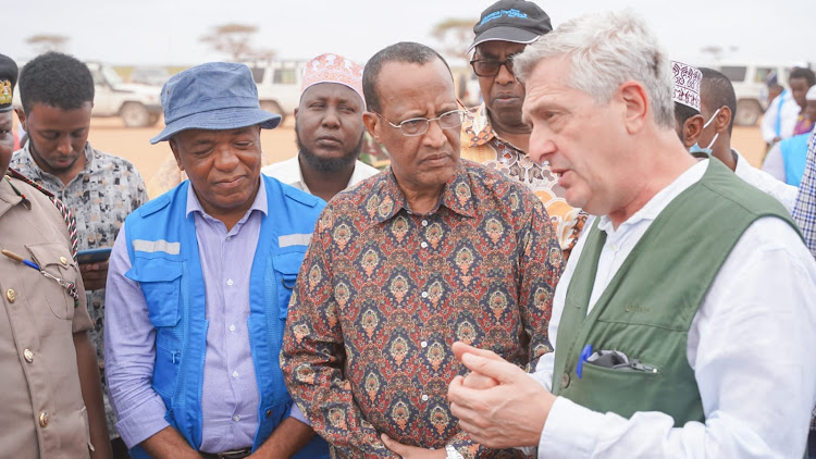 UN High Commissioner for Refugees Filippo Grandi with Garissa Governor Nathif Jama in Dadaab on Tuesday.