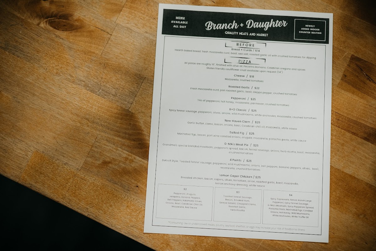 Branch + Daughter gluten-free menu