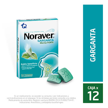 Noraver Menta 10/1.4mg   Tab. Caja x12Tab. TQ Benzocaína Cetilpiridinio  