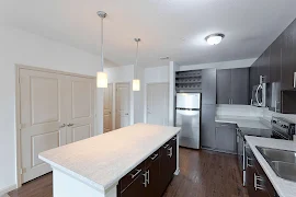 Kitchen with dark wood floors and cabinets and stainless steel appliances.