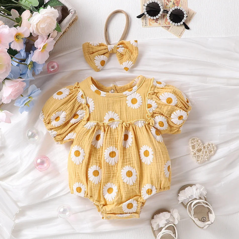 Summer Infant Beba Devojčica Sunce Radosni Mali Suncokret Trobojni Romper Kombinezon i Rajf za Sunčano Leto