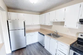 Kitchen with wood-inspired flooring, white cabinets, light brown speckled countertops, and stainless steel appliances