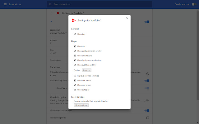 Settings for YouTube™ chrome extension