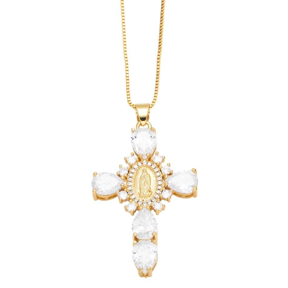 Colar Cruz Virgem com Micro Zircônias Europeu e Americano Pingente Criativo Personalidade Exclusiva Jóia Feminina