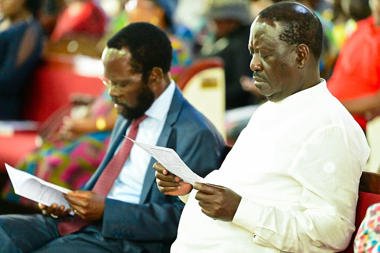 Raila Odinga and Kisumu Governor Anyang Nyong'o attend a church service at St Stephens Cathedral, ACK Milimani, Kisumu on January 14, 2024.