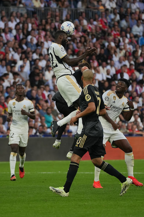 Real Madrid's Antonio Rudiger competes for a header during the Uefa Champions League Group C match against Union Berlin in Madrid, Spain, on September 20