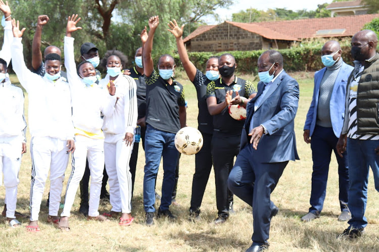 Vihiga County Governor Wilberforce Otichilo juggles the ball when he met Vihiga Queens at the Kenya institute of Special education, Nairobi on Wednesday