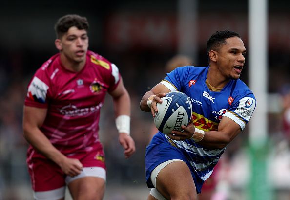 Stormers scrumhalf Herschel Jantjies runs with the ball during the Heineken Champions Cup quarterfinal match against Exeter Chiefs at Sandy Park on April 08, 2023 in Exeter, England.