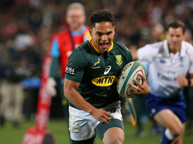 South Africa's Herschel Jantjies scores a try on debut for the Springboks.