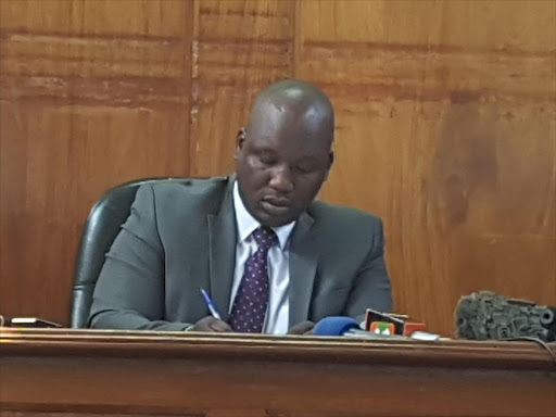 Chief magistrate Julius Ng’arng’ar presides over the case involving Kisumu Girls High school students, Monday July 23, 2018. /MAURICE ALAL