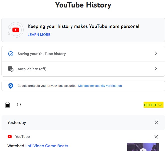 "Delete" button highlighted in "YouTube History" 