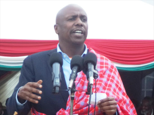 Baringo County Senator Gideon Moi addressing the public while gracing Chemasusu half marathon in Eldama-Ravine town, Baringo on Saturday./JOSEPH KANGOGO