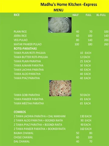Madhus Home Kitchen menu 