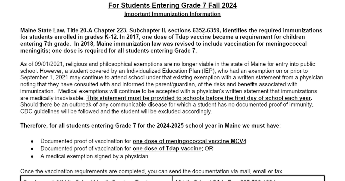 7th Grade Immunization Information Letter 2021