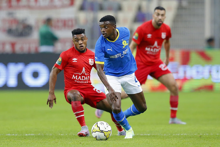 Teboho Mokoena of Mamelodi Sundowns controls possession during their Caf Champions League quarterfinal, first leg match against CR Belouizdad at Nelson Mandela Stadium in Algiers on April 22 2023.