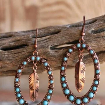 Brincos de Pena Turquesa Azul Retrô Prata Antiga Perfil Alto Acessório Feminino Joia Boho Chic Elegante