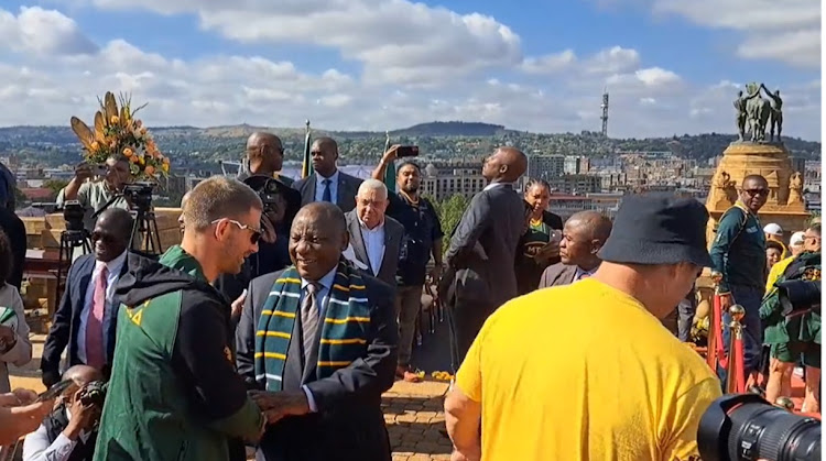 President Cyril Ramaphosa greets the world champion Springboks at the Union Buildings in Pretoria on Thursday morning.