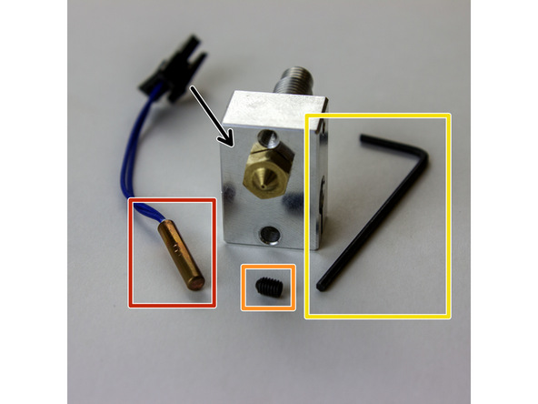 Figure 11:  Thermistor Cartridge and the Assembled Heater Block with Grub Screw and Hex Wrench