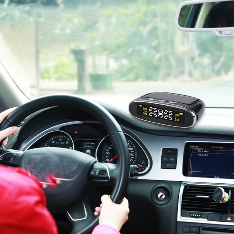 Monitoraggio Pressione Pneumatici Ellittico con Display, Ricarica Solare USB, Sensori Interni ed Esterni, Guida Sicura ed Efficiente.