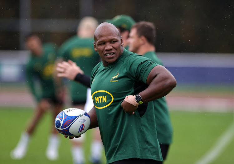 Bongi Mbonambi looks on during a South Africa training session ahead of their Rugby World Cup France 2023 Final match against New Zealand at Stade des Fauvettes.