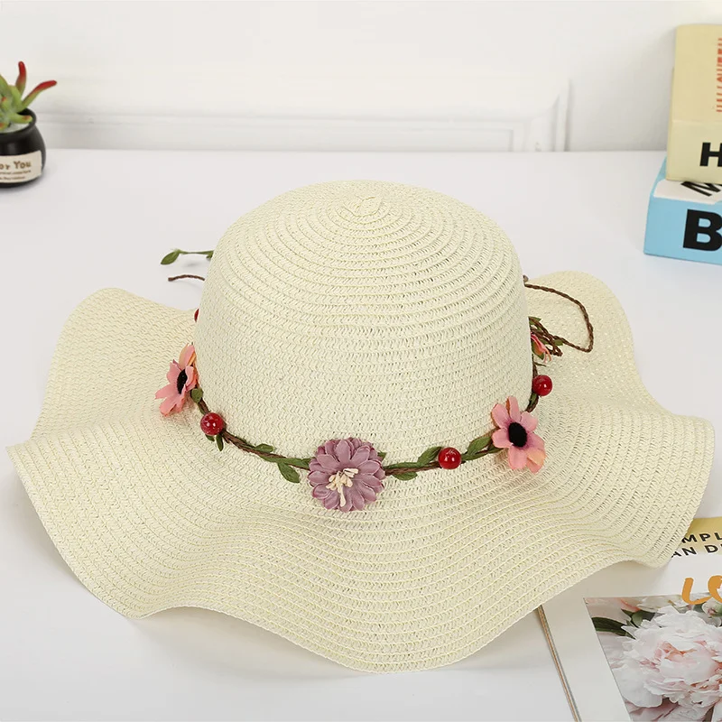 Cappello a tesa larga con ghirlanda parasole a onda semplice alla moda da donna