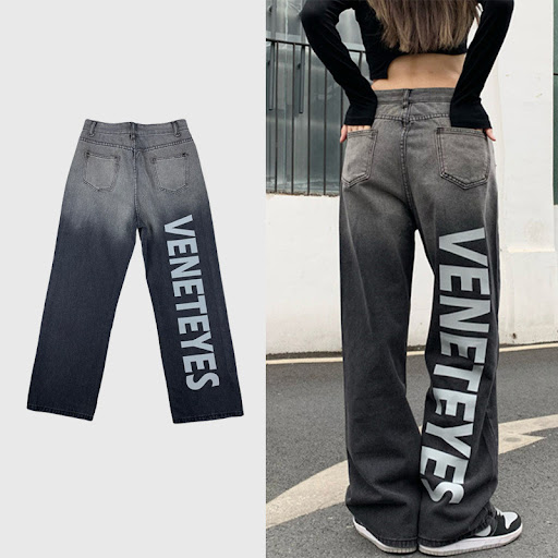 Title 3, Washed Gradient Jeans Tide Brand Ins Retro Lett...