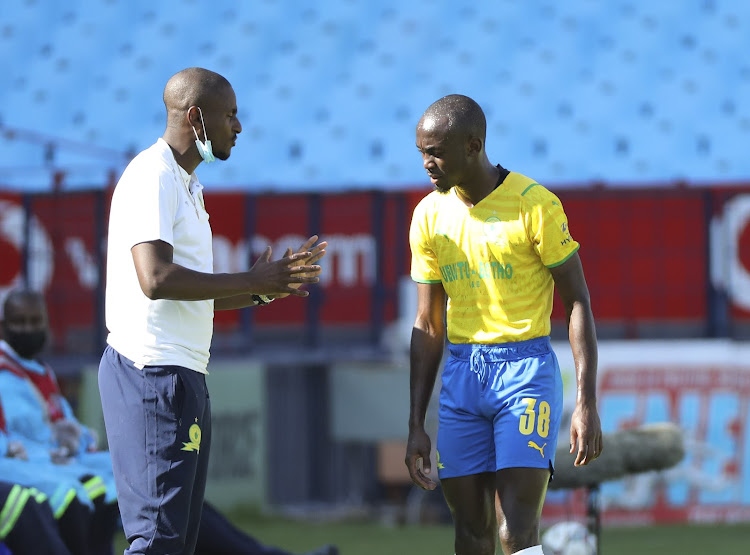 Rulani Mokwena, coach of Sundowns, instructs Peter Shalulile during the DStv Premiership 2021/2022 football match between Sundowns and Royal AM at Loftus Stadium, Pretoria on December 12 2021.