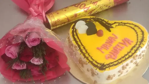 Butterscotch Cake Heart Shape With 10 Rose Bunch And 1 Party Popar