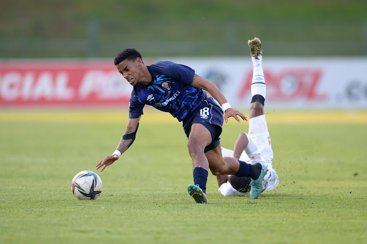 Dillan Solomons of Swallows FC and Samuel Julies of University of Pretoria during the PSL Promotion Playoff match at Tuks Stadium on June 04, 2022 in Pretoria,.