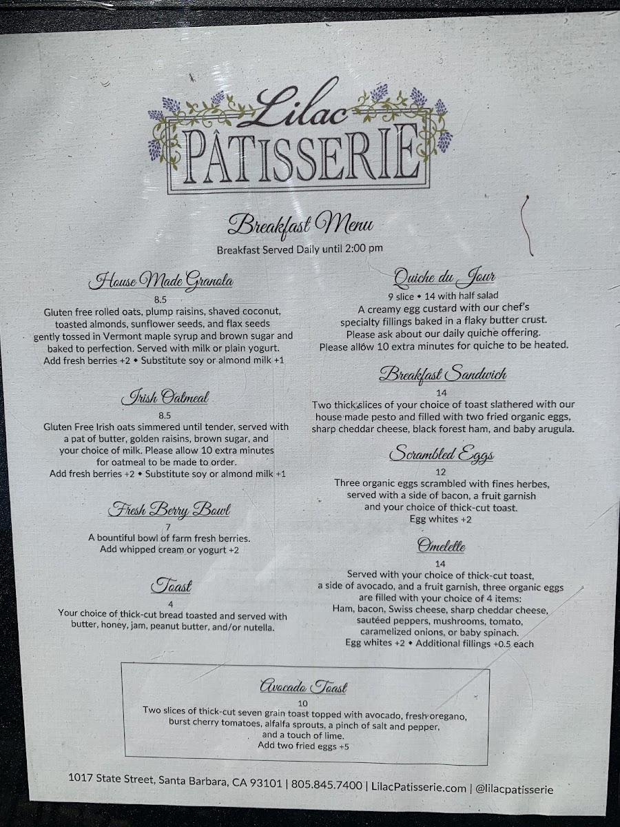 Lilac Pâtisserie gluten-free menu