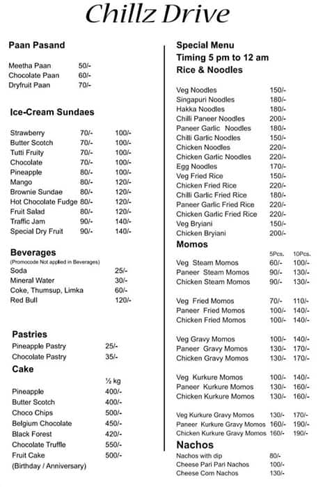 Chillz Drive menu 