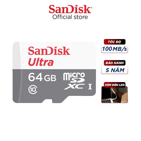 [Mã Elsd15K Giảm Đến 15K] Thẻ Nhớ Micro Sdxc Sandisk 64Gb Upto 100Mb/S 533X Ultra Uhs - I Kèm Đèn Led Usb