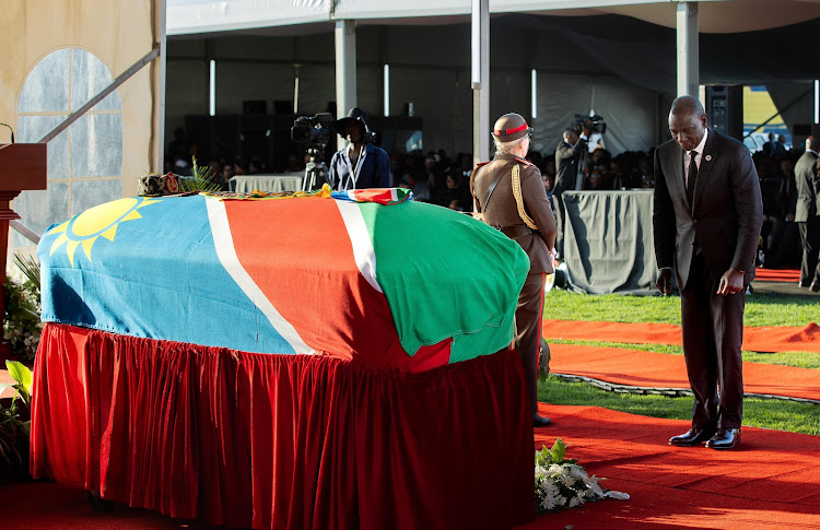 President William Ruto paying his last respects to the late President of Namibia, Hage Geingob in Windhoek, Namibia on February 24, 2024.